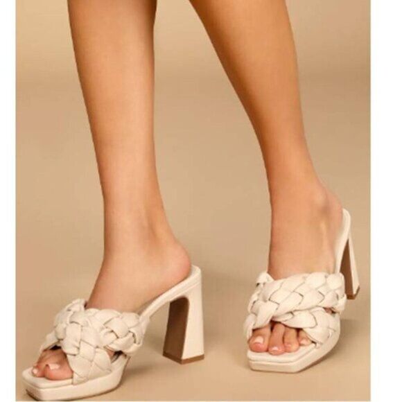 Women's Platform Chunky Heel Slide Sandals Qupid‎ Woven Beige Size 6 New $59 - Picture 2 of 3